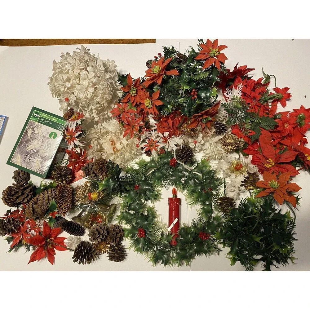 Vintage Christmas Lot Candle Wreath Ring Holly Berries Evergreen Crafting Decor